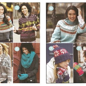 Puede incluir: Una colección de accesorios de invierno tejidos, incluyendo bufandas, gorros y suéteres, con varios patrones y colores. Los accesorios son modelados por personas en un entorno urbano.