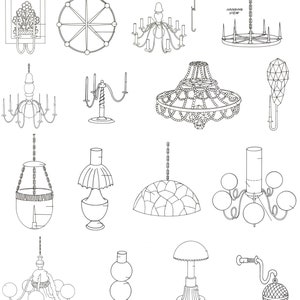 May include: A collection of line drawings of various light fixtures, including chandeliers, sconces, and pendant lights. The image includes a top view and a hanging view of some of the fixtures. The designs range from ornate to minimalist.