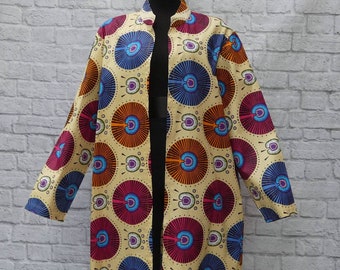 Unisex. Ankara African wax block print,fine cotton long jacket,easy care ,stand collar, open front, unlined, long sleeves,African print.