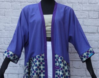 Lightweight Ankara wax print purple raw silk kimono jacket cover-up. African mudcloth. Dropped shoulders. 3/4 sleeves . Juneteenth