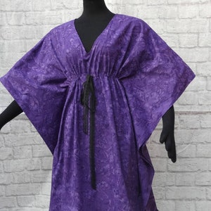 Authentic Indonesian purple batik Loosefitting ,above knee length, sleeveless caftan. Lace Drawstring. V neckl. Easy wear popover .Washable