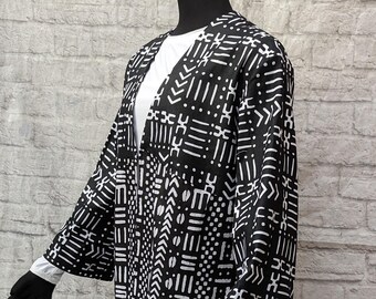 African Mudcloth Duster: Black & White Cotton Midi Robe