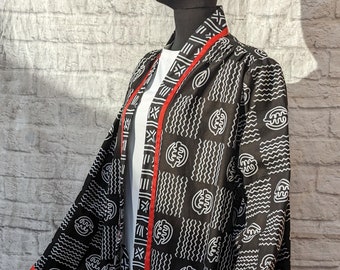 Gye Nyame African Print Duster: Unisex Mudcloth Jacket, Size Large
