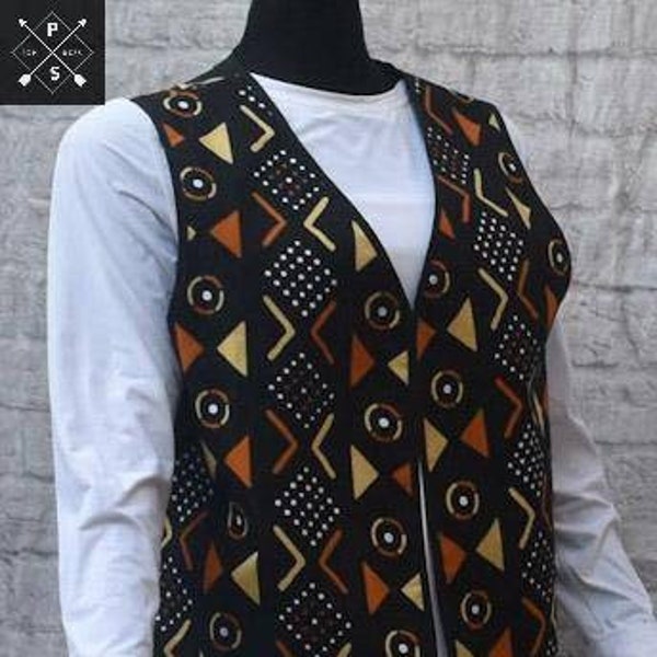 Unisex.African mudcloth cotton vest, open front , full lining, v-neckline, back belt. Repurposed  button. African textile artwork.