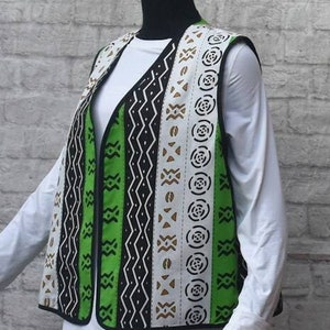 Unisex. Size medium. African mudcloth cotton vest, color blocked stripes , geometric patterns,open front, full lining.V neck.African artwork