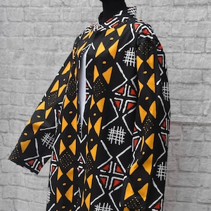 Unisex. Sz L. African mudcloth, African wax print long jacket, duster,coverup. Stand collar,open front,unlined, long sleeves. washable