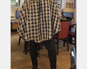 Wool Boucle Hooded Poncho: Buffalo Check Plaid Cloak Cape