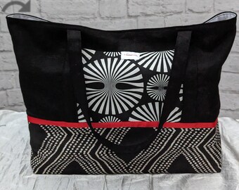 Lose the plastic..Go Green.Large tote graphic circles+black linen reusable,reliable,sustainable Reinforced bottom,2 outside pockets.Eco chic