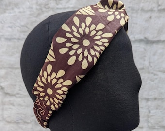 Mocha Brown Floral Ankara Headband: African Wax Print, Twisted Design