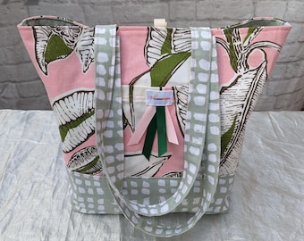 Floral Cotton Tote Bag: Reusable Medium Utility Bag with Pockets