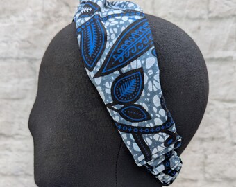 Blue Floral Ankara Headband: African Wax Print Twisted Head Band