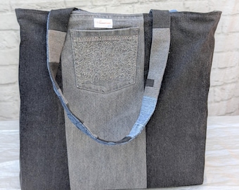 Recycled Denim Patchwork Tote Bag: Large Reusable Market Bag