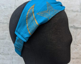 African Wax Print Twisted Headband: Blue Cotton with Gold Pattern