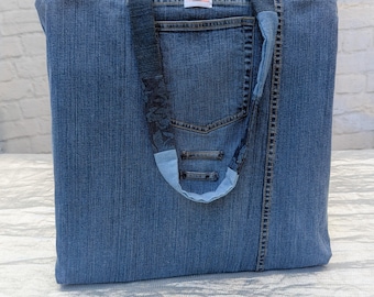 Recycled Denim Patchwork Tote Bag: Large Reusable Market Bag