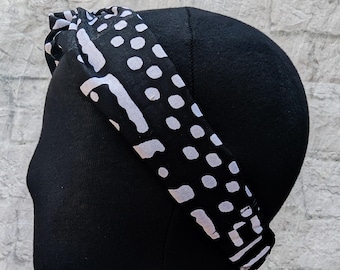 Black & White Twisted Headband: African Mudcloth Design, Cotton Elastic Fit
