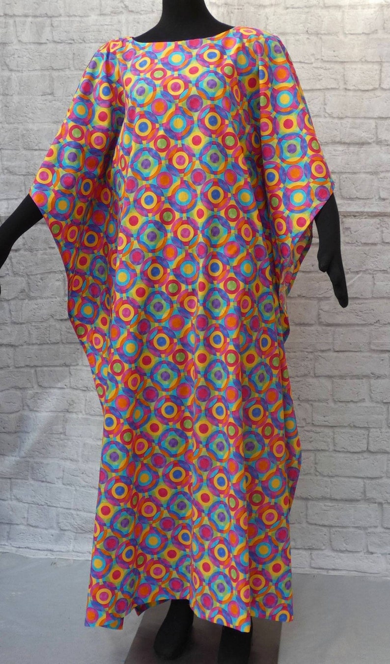 ankle length Vintage easy wear 60s 70s caftan housedress loungewear multi textured rainbow circles round collarless neckline Washable .