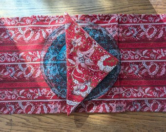 Ruby Red Floral Cotton Dinner Napkins - Mitered Corner Set of 4