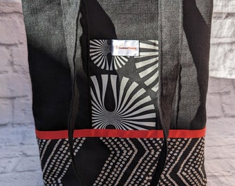 Black Linen Tote Bag: Reusable Eco Chic Market Bag with Graphic Pockets