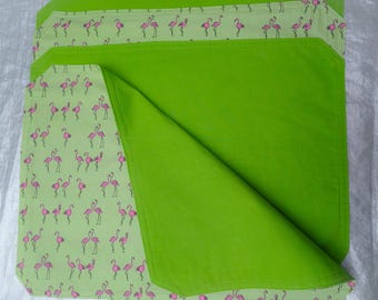 Pink Flamingo Cotton Placemats: Lime Green Gingham, Reversible Set