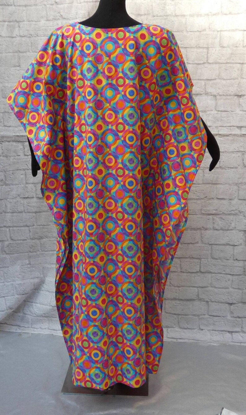 ankle length Vintage easy wear 60s 70s caftan housedress loungewear multi textured rainbow circles round collarless neckline Washable .