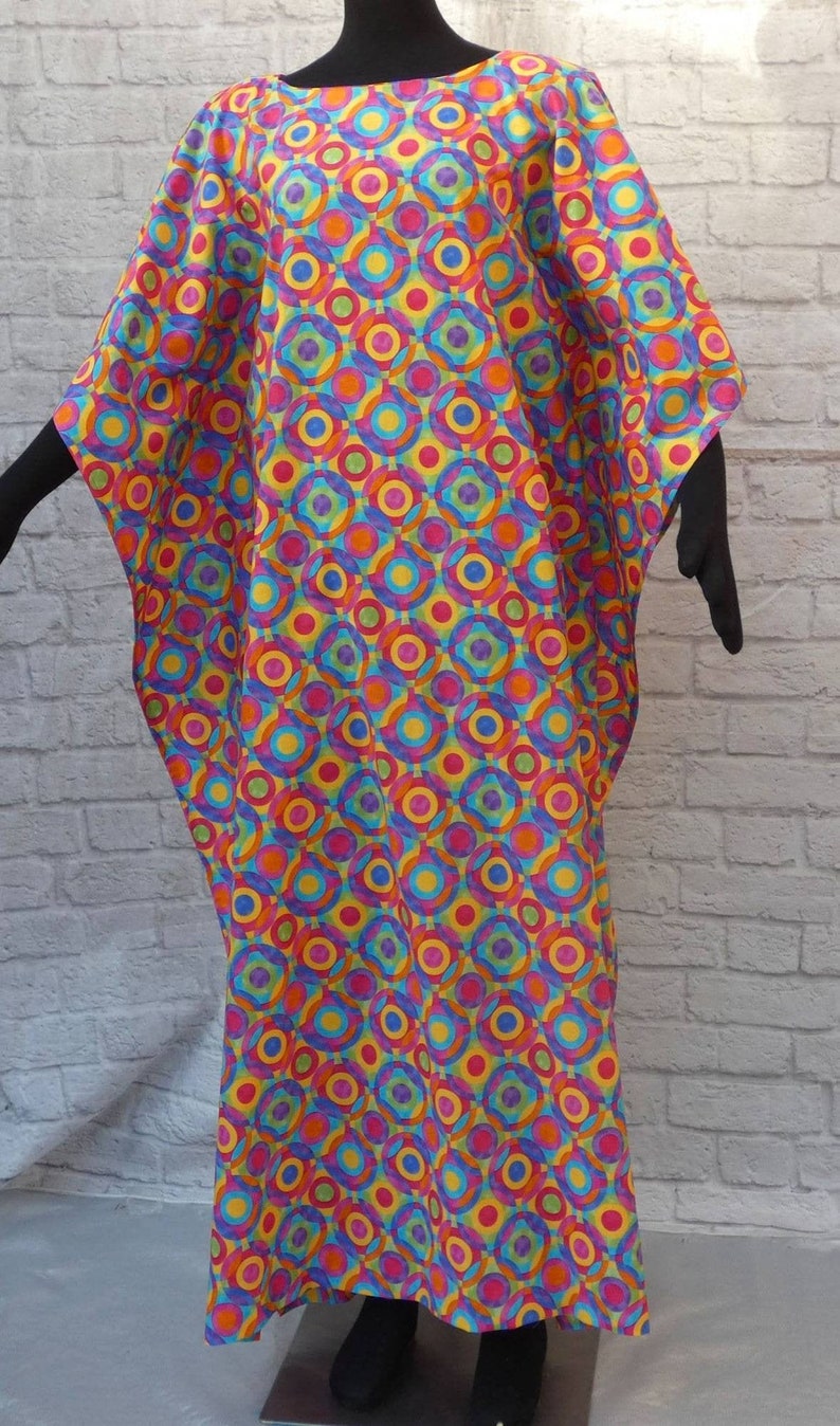 ankle length Vintage easy wear 60s 70s caftan housedress loungewear multi textured rainbow circles round collarless neckline Washable .