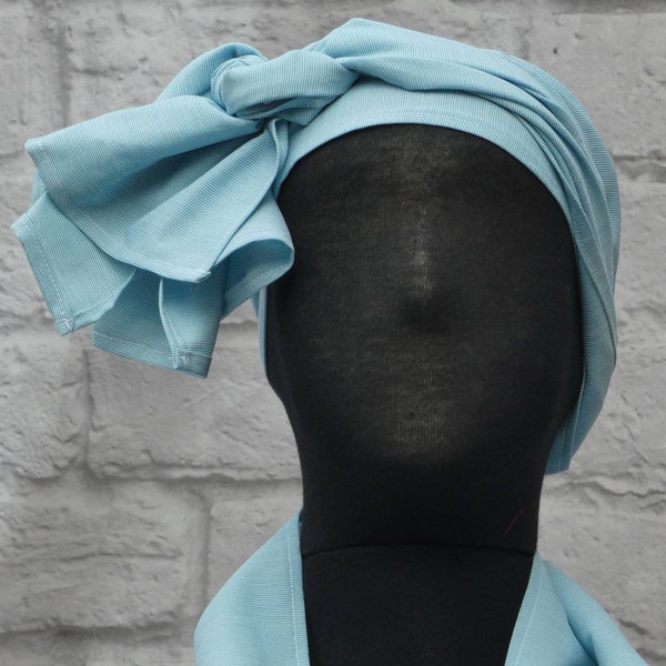Aqua pinstripe headband , scarf, headwrap, stole, shawl, shoulder cover.Stitched ,finished edges. Washable.Wrinkle resistant.Travel friendly