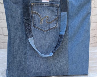 Recycled Denim Patchwork Tote Bag: Large Reusable Market Bag