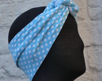 Blue Polka Dot Headband: Reversible Stretchy Bandie