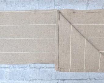Mocha Pinstripe Linen Table Runner: Mitered Corners, Elegant Dining