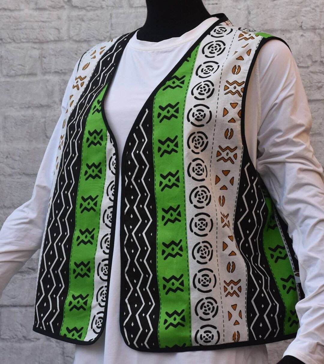 African Mudcloth Print Vest: Colorblock Cotton, Geometric Motifs (size ...