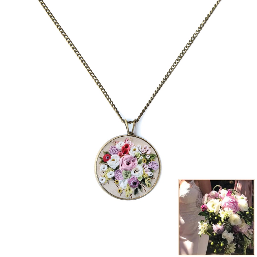 Custom Bride Bouquet Necklace, Earth Clay Jewelry, Wedding Necklace, Personalized Gift for the