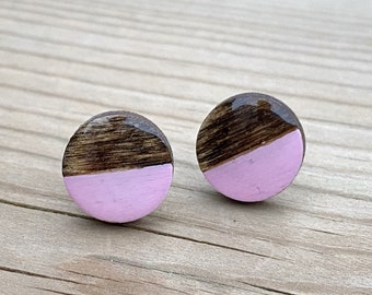 Birch Wood Circle Stud Earrings - Pink Painted Small Wood Studs - Geometric Earrings - Boho Earrings - Minimalist - Hypoallergenic