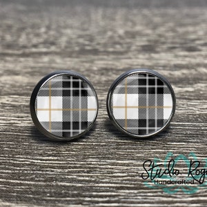 Black White Plaid Earrings / HYPOALLERGENIC Plaid Stud Earrings / Stainless Steel / 8mm 10mm 12mm Choose Your Size / Minimalist Jewelry