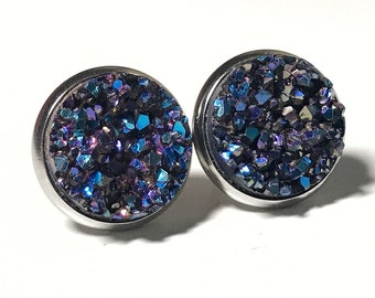 Purple Green Faux Druzy Stud Earrings / Stainless Steel HYPOALLERGENIC / 12mm Druzy / Stud Earrings / Bridesmaid / Mermaid Colors