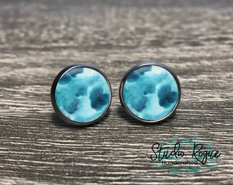 Turquoise Watercolor Earrings / Teal Blue Stud Earrings / HYPOALLERGENIC Earrings / 8mm 10mm 12mm / Choose Size / Post Earrings / Minimalist