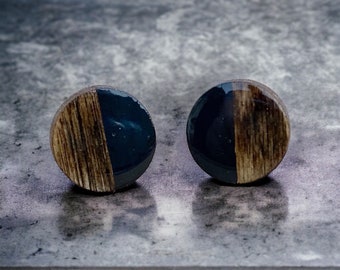 Birch Wood Circle Stud Earrings - Black Painted Small Wood Studs - Geometric Earrings - Boho Earrings - Minimalist - Hypoallergenic