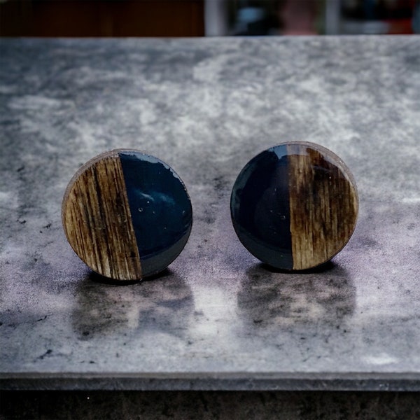 Birch Wood Circle Stud Earrings - Black Painted Small Wood Studs - Geometric Earrings - Boho Earrings - Minimalist - Hypoallergenic