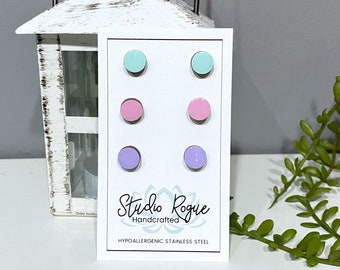 Pastel Wood Trio Earring Studs Set / Stainless Steel Hypoallergenic / FREE Shipping / 8mm Earrings / Gifts For Her/ Earring Sets