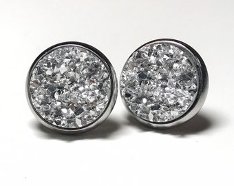 Silver Faux Druzy Stud Earrings / Stainless Steel HYPOALLERGENIC / 12mm Druzy / Stud Earrings / Sparkle Earrings / Bridesmaid / Post Studs