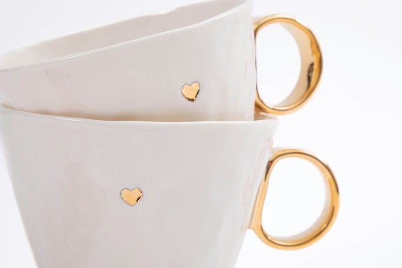 Big porcelain mug with gold heart, Porcelain decorated with gold, Luxury tea mug, Gold handmade porcelain, Romantic design cup, Gold heart zdjęcie 1