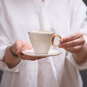 Porcelain cup 210ml, Gold cup and saucer, Coffee lover gift, Porcelain set, Retirement gift for her, BALLERINA