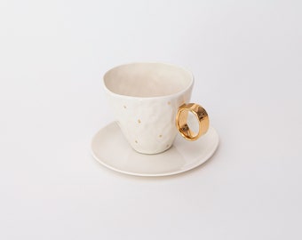 One of a kind gift for her, miracle morning cup, Porcelain coffee set, Gold cup and saucer, FRECKLED PRINCESS