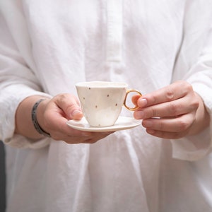 Espresso cup, Porcelain coffee set, Gold cup and saucer, one of a kind gift for her, FRECKLED PRINCESS
