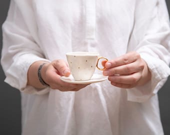 Espresso cup, Porcelain coffee set, Gold cup and saucer, one of a kind gift for her, FRECKLED PRINCESS