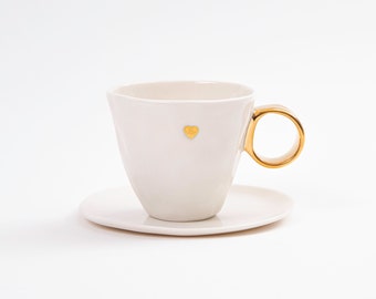 Espresso cup, Porcelain with gold heart, Gold espresso and saucer, Coffee lover gift, Retirement gift for her, The best gift for lovers