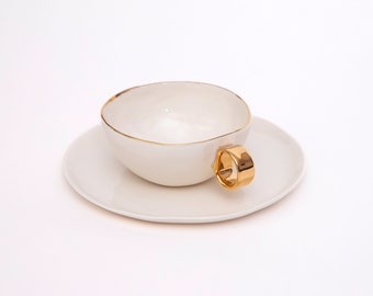 Wide gold cup and saucer, Tea lover gift, Porcelain set,  Miracle morning set, luxury porcelain, classic tableware