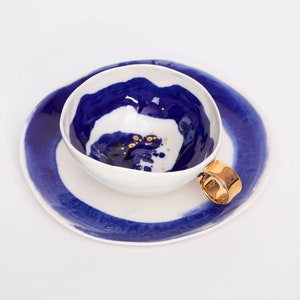 Cobalt blue porcelain tea set, Elegant porcelain gift for woman, gold decored cup, housewarming, breakfast coffee set, MY OWN Galaxy