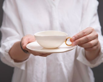 Gold cup and saucer, Porcelain set with wide tea cup and saucer, gift for her, gold porcelain set, SNOW PRINCESS