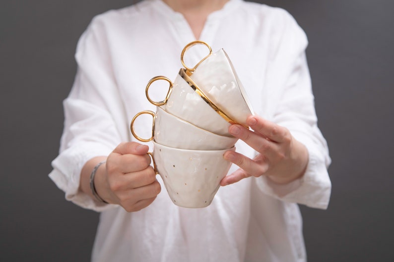 Big porcelain mug with gold heart, Porcelain decorated with gold, Luxury tea mug, Gold handmade porcelain, Romantic design cup, Gold heart zdjęcie 7