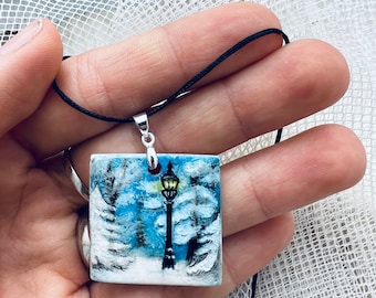 Snowy lamp post. Winter in the park, melancholic mood pendant for those who love the magic of twinkly lights, hot tea, winter and Christmas.